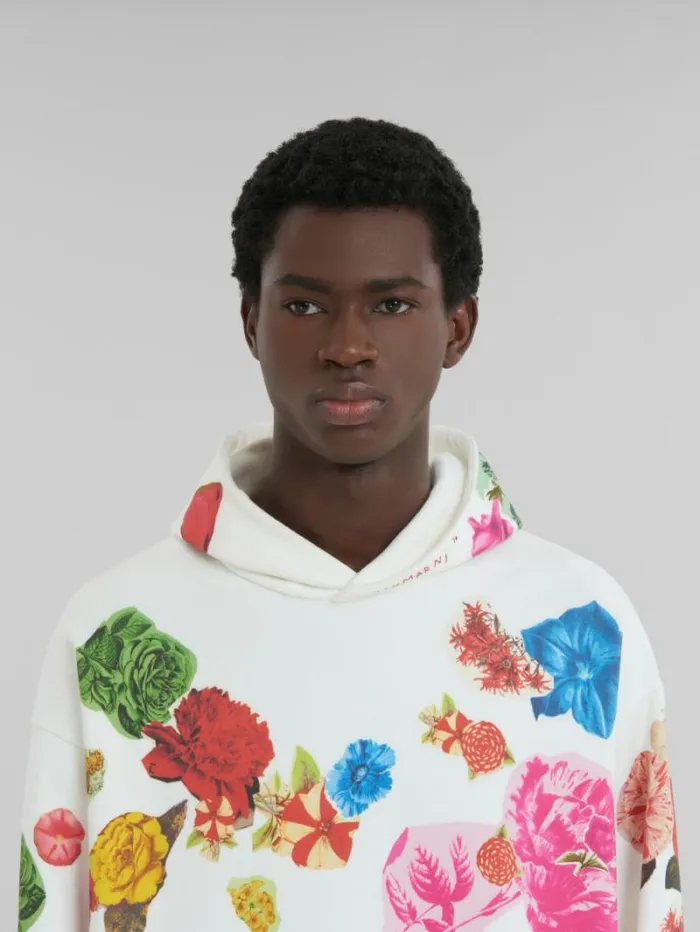 Men Marni Sweatshirts White Cotton Hoodie With Flower Prints