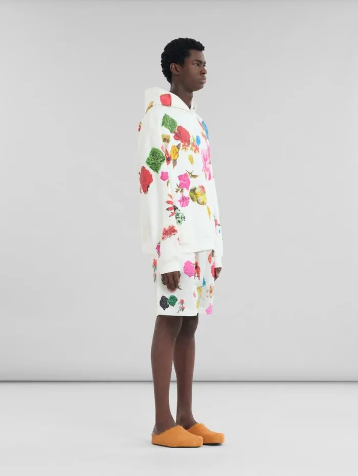 Men Marni Sweatshirts White Cotton Hoodie With Flower Prints