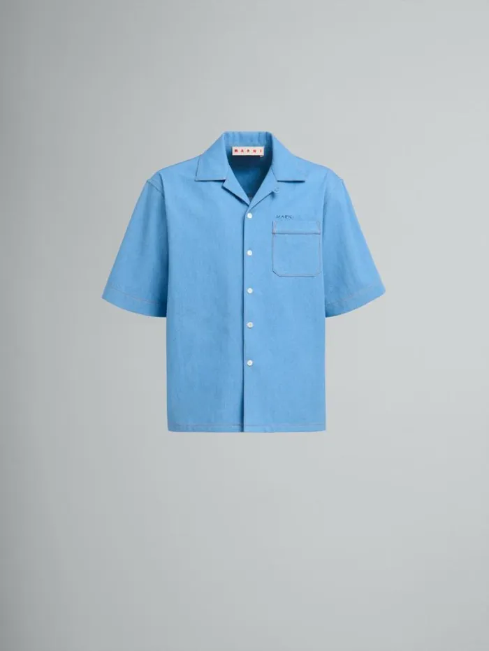 Men Marni Tops and Tshirts Blue Denim Bowling Shirt With Marni Mending Logo