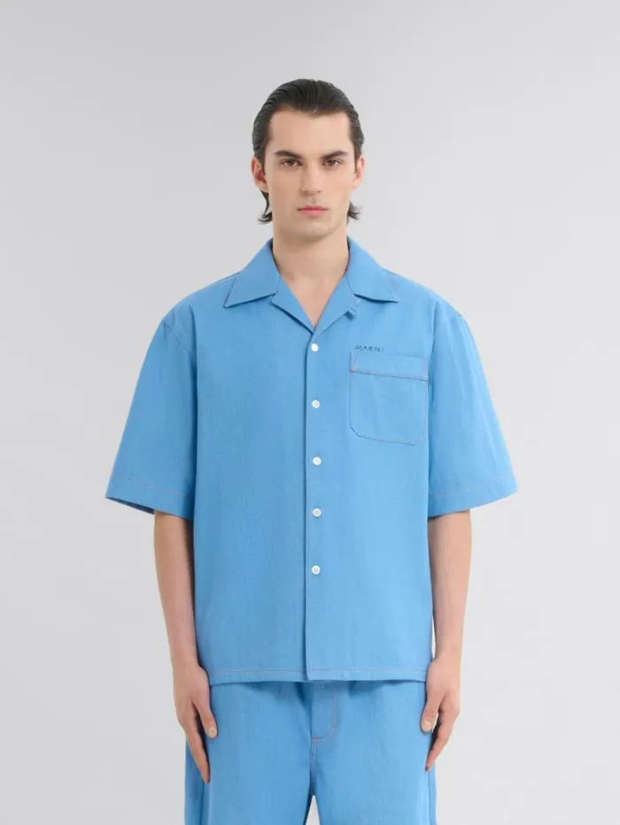 Men Marni Tops and Tshirts Blue Denim Bowling Shirt With Marni Mending Logo