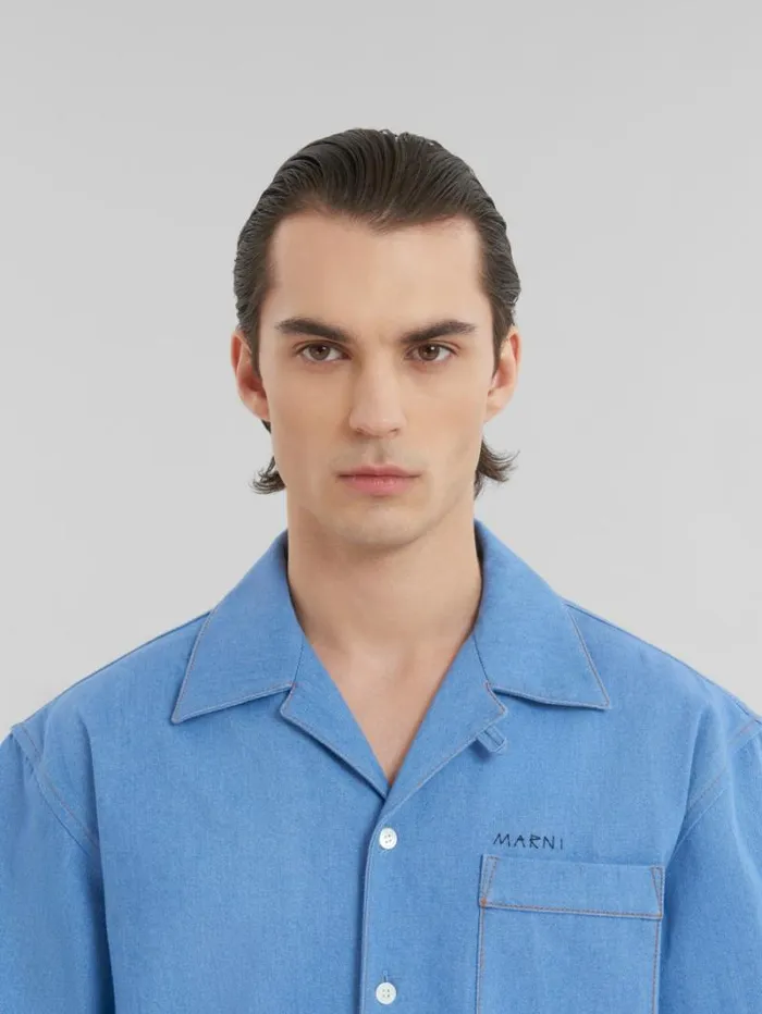 Men Marni Tops and Tshirts Blue Denim Bowling Shirt With Marni Mending Logo