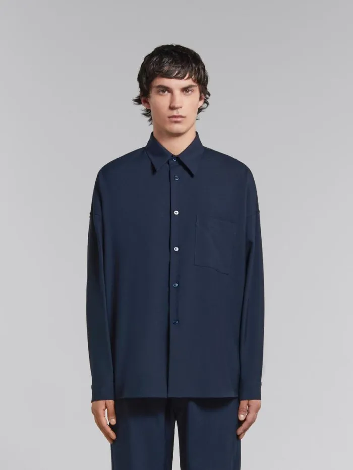 Men Marni Tops and Tshirts Deep Blue Tropical Wool LongSleeved Shirt