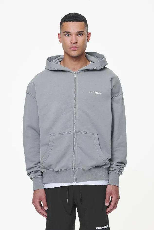 Men Pegador Hoodies Colne Terry Logo Oversized Sweat Jacket Heavy Washed Cool Grey Men Pegador Hoodies Colne Terry Logo Oversized Sweat Jacket Heavy Washed Cool Grey