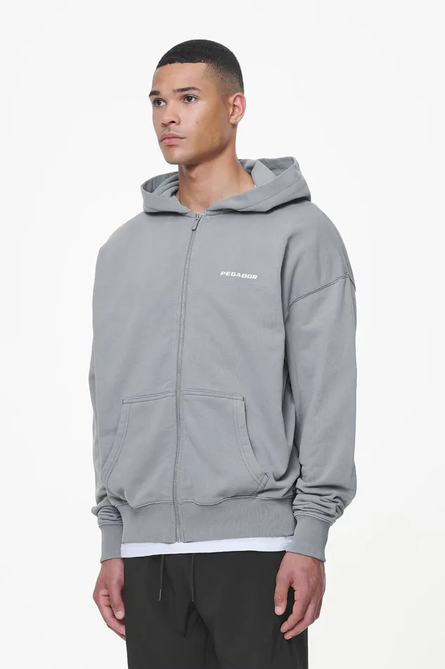 Men Pegador Hoodies Colne Terry Logo Oversized Sweat Jacket Heavy Washed Cool Grey Men Pegador Hoodies Colne Terry Logo Oversized Sweat Jacket Heavy Washed Cool Grey
