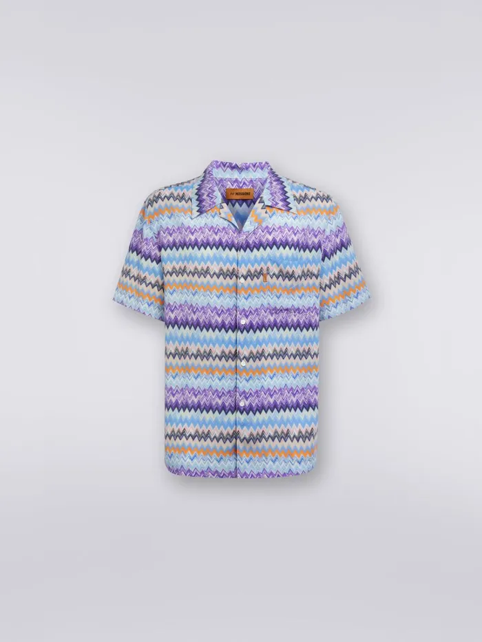 Men ShortSleeved Chevron Viscose Bowling Shirt Blue Missoni Shirts
