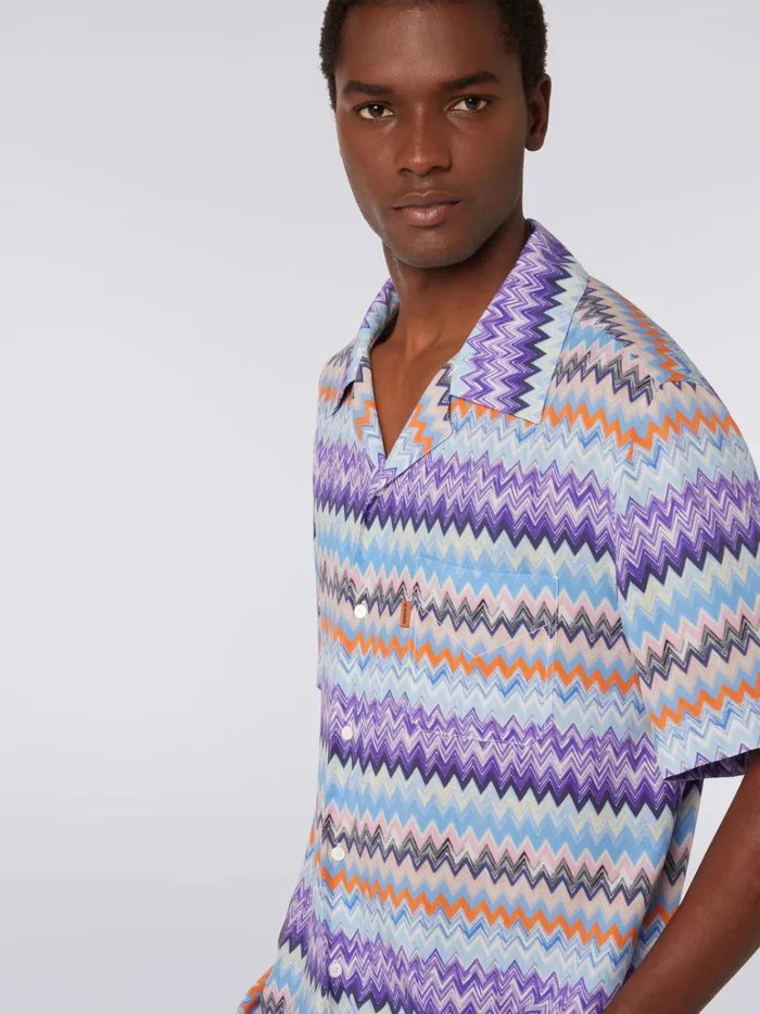 Men ShortSleeved Chevron Viscose Bowling Shirt Blue Missoni Shirts Men ShortSleeved Chevron Viscose Bowling Shirt Blue Missoni Shirts
