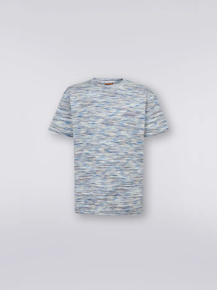 Men Slub Cotton Jersey CrewNeck TShirt White and Sky Blue Missoni Polos and Tshirts