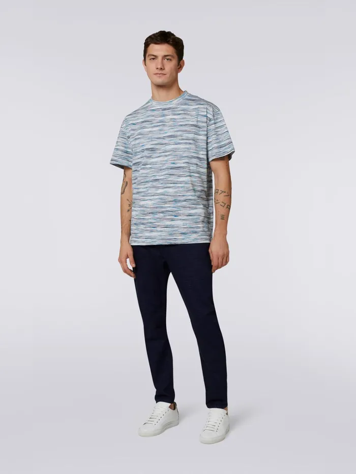 Men Slub Cotton Jersey CrewNeck TShirt White and Sky Blue Missoni Polos and Tshirts