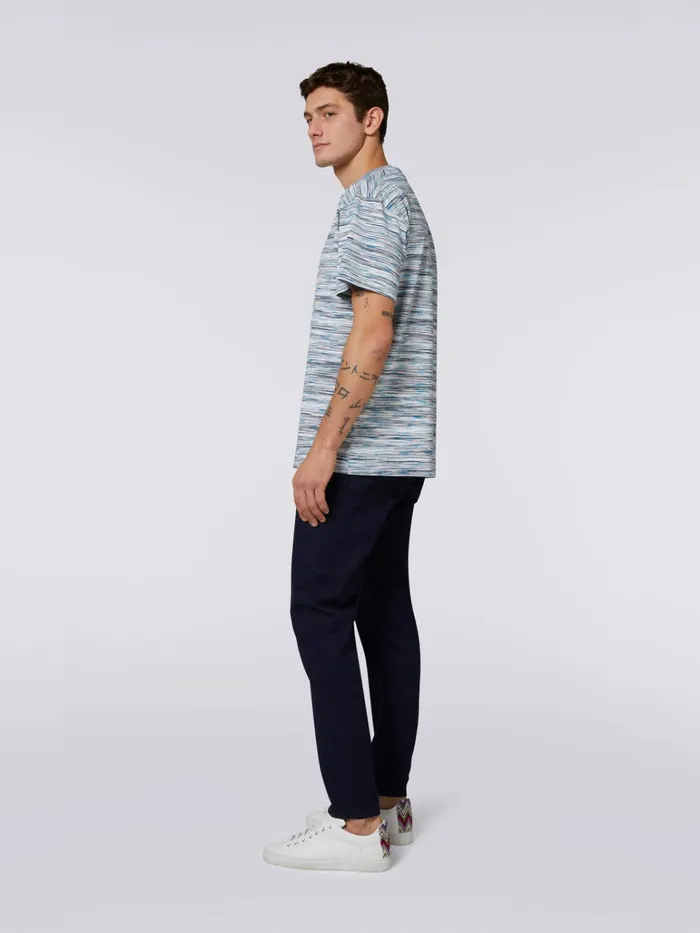 Men Slub Cotton Jersey CrewNeck TShirt White and Sky Blue Missoni Polos and Tshirts