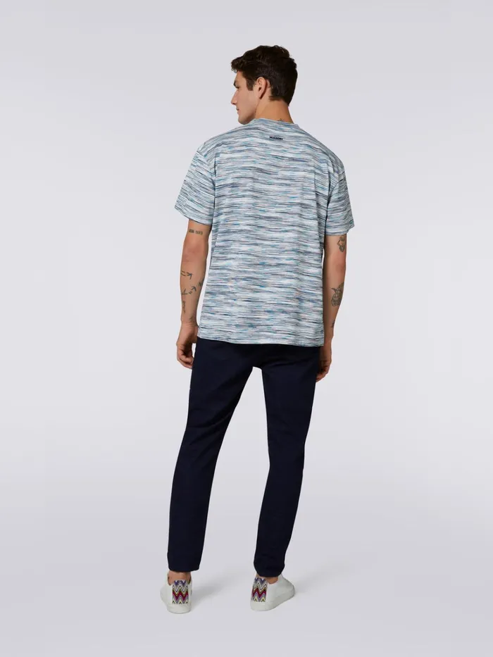 Men Slub Cotton Jersey CrewNeck TShirt White and Sky Blue Missoni Polos and Tshirts