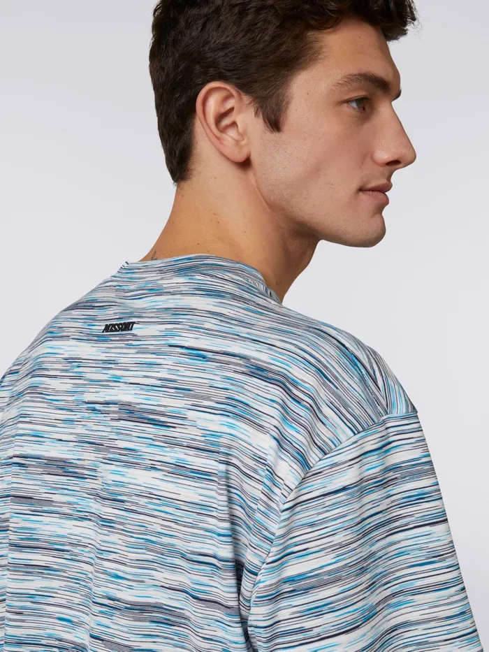 Men Slub Cotton Jersey CrewNeck TShirt White and Sky Blue Missoni Polos and Tshirts