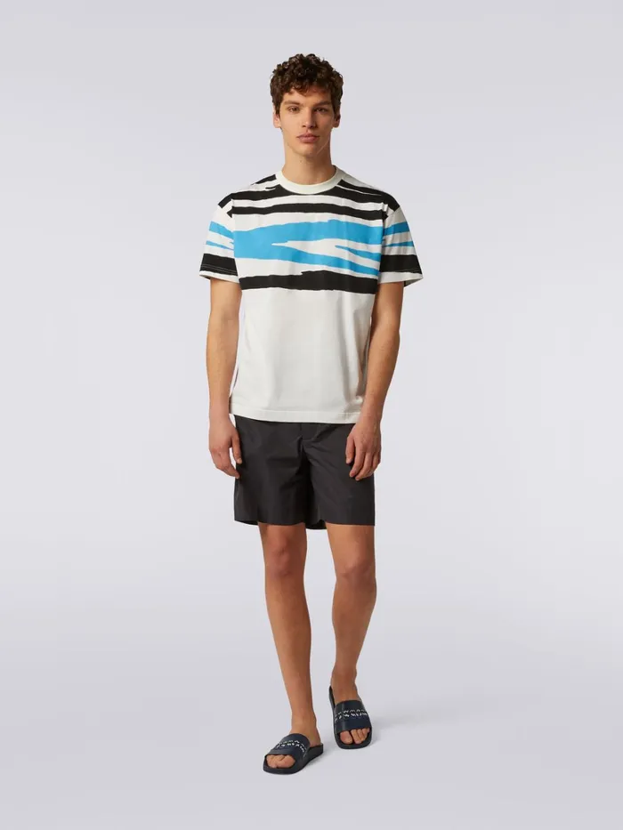 Men Slub Cotton Jersey CrewNeck TShirt White Black and Blue Missoni Polos and Tshirts