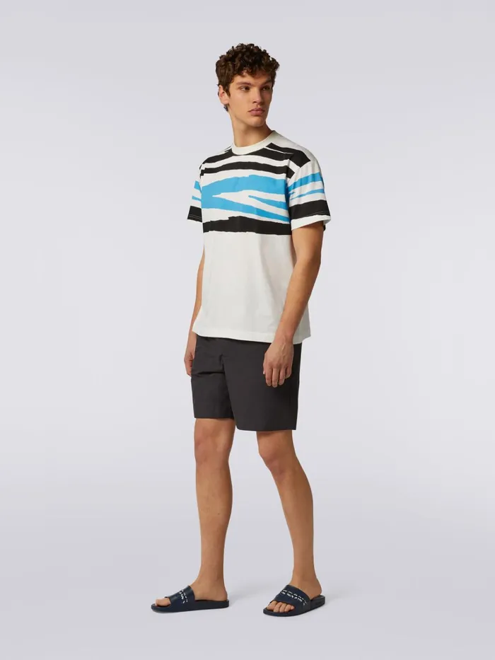 Men Slub Cotton Jersey CrewNeck TShirt White Black and Blue Missoni Polos and Tshirts