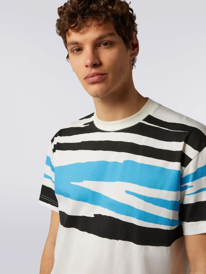 Men Slub Cotton Jersey CrewNeck TShirt White Black and Blue Missoni Polos and Tshirts