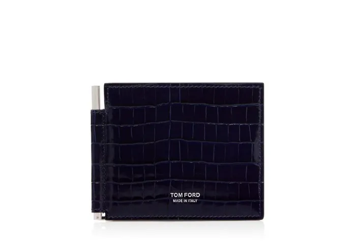 Men Small Leather Goods Tom Ford Glossy Printed Croc Money Clip Wallet Ink