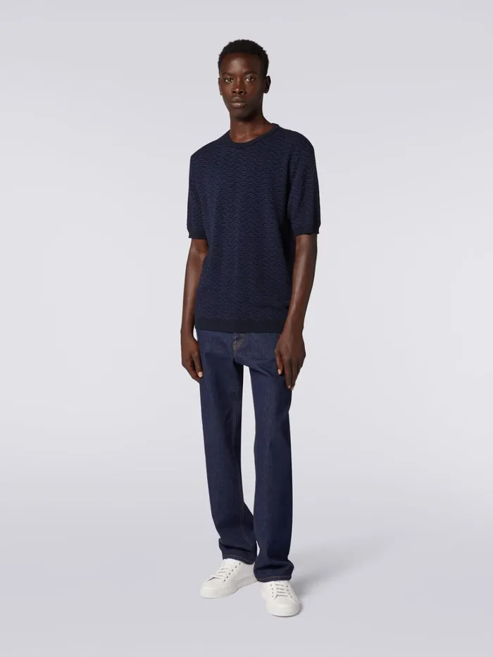 Men Wool And Viscose CrewNeck TShirt With Wave Pattern Blue Missoni Knitwear Men Wool And Viscose CrewNeck TShirt With Wave Pattern Blue Missoni Knitwear