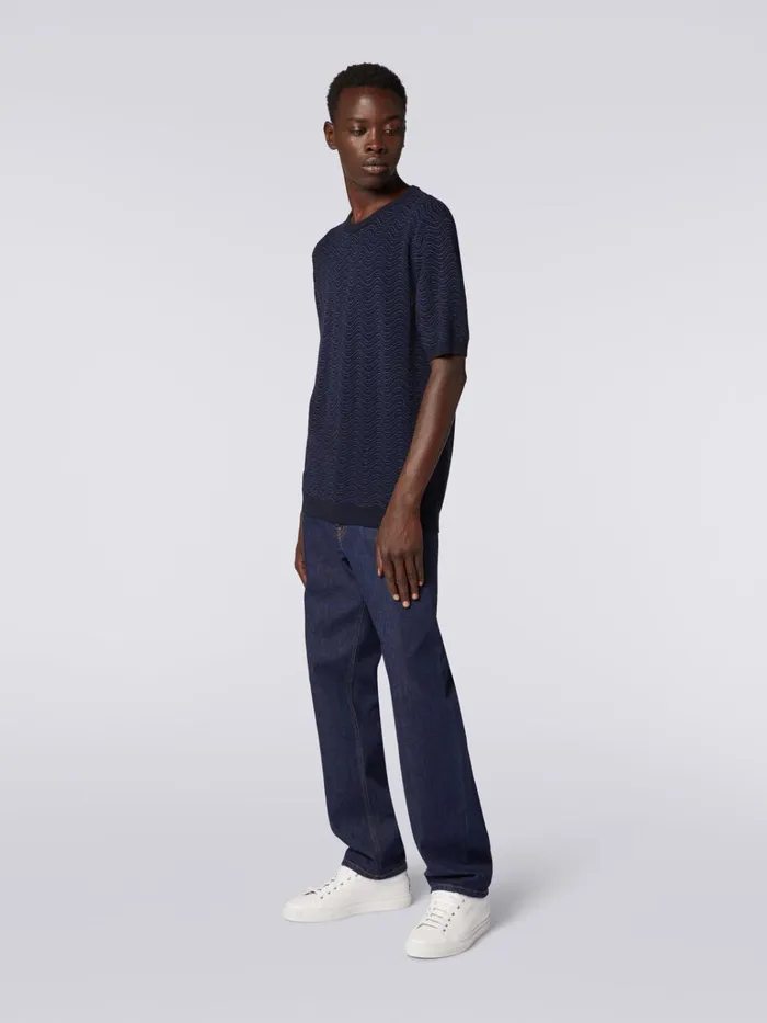 Men Wool And Viscose CrewNeck TShirt With Wave Pattern Blue Missoni Knitwear Men Wool And Viscose CrewNeck TShirt With Wave Pattern Blue Missoni Knitwear