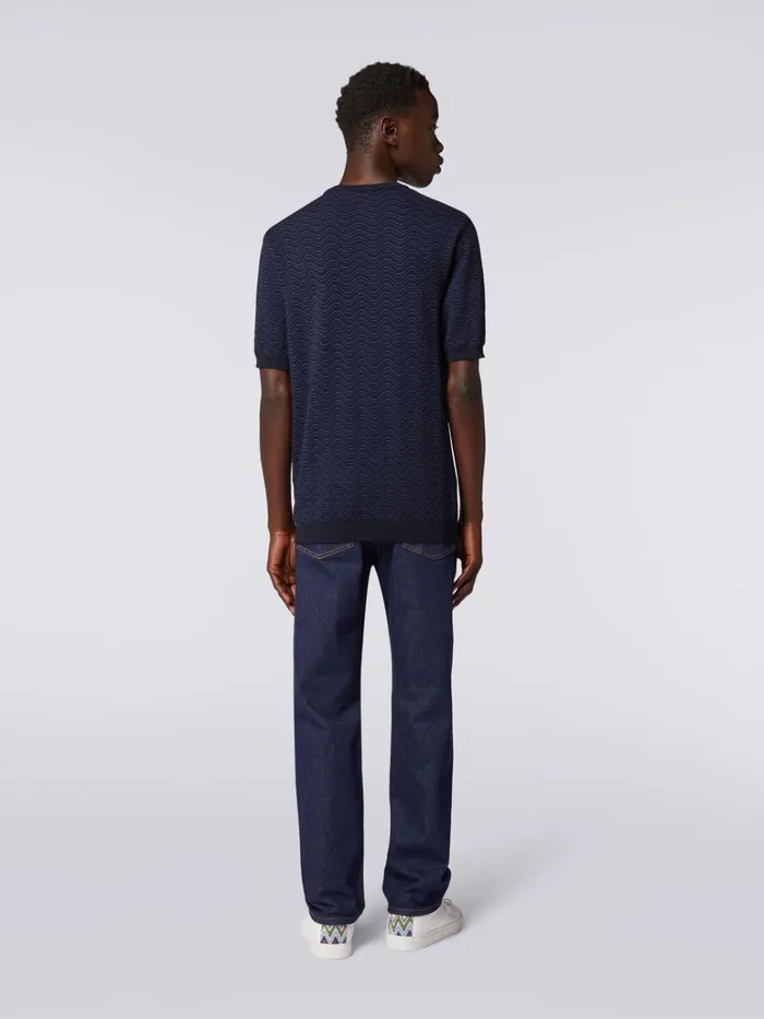 Men Wool And Viscose CrewNeck TShirt With Wave Pattern Blue Missoni Knitwear Men Wool And Viscose CrewNeck TShirt With Wave Pattern Blue Missoni Knitwear