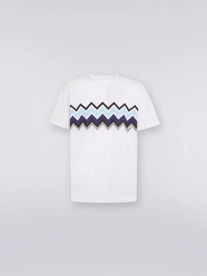 Men Zigzag Cotton Jersey CrewNeck TShirt White Black and Blue Missoni Polos and Tshirts