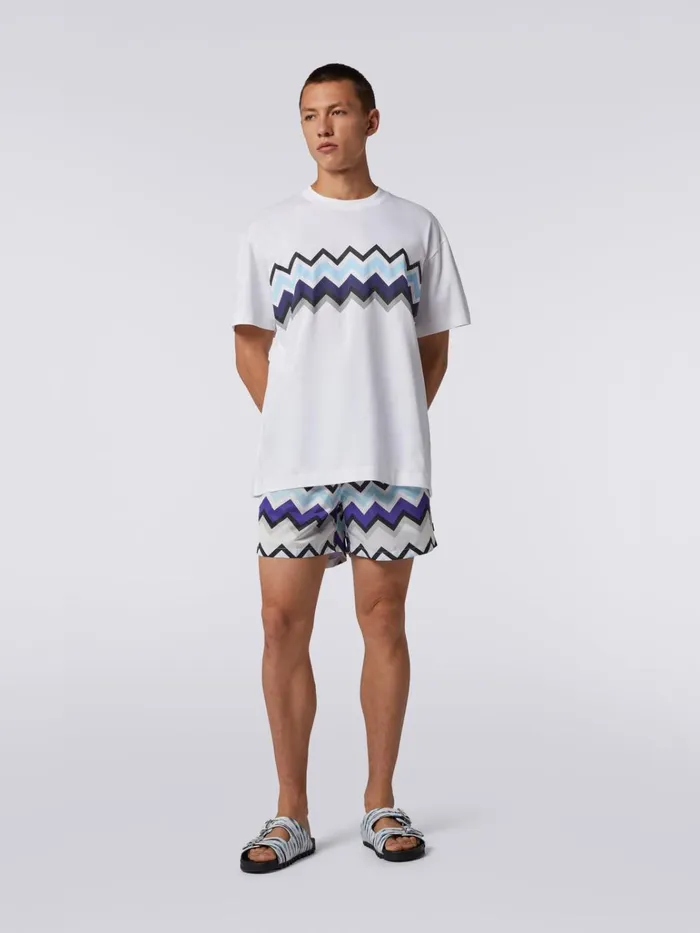 Men Zigzag Cotton Jersey CrewNeck TShirt White Black and Blue Missoni Polos and Tshirts