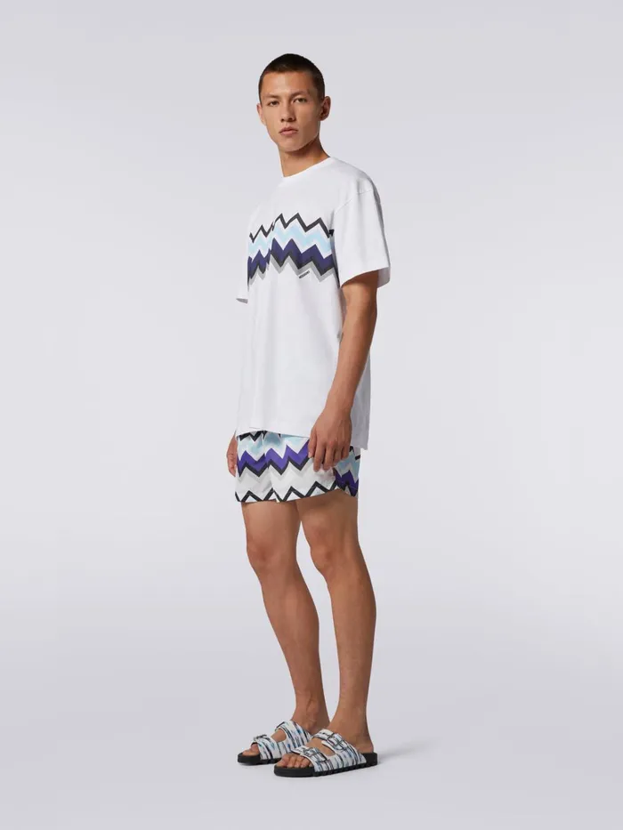 Men Zigzag Cotton Jersey CrewNeck TShirt White Black and Blue Missoni Polos and Tshirts