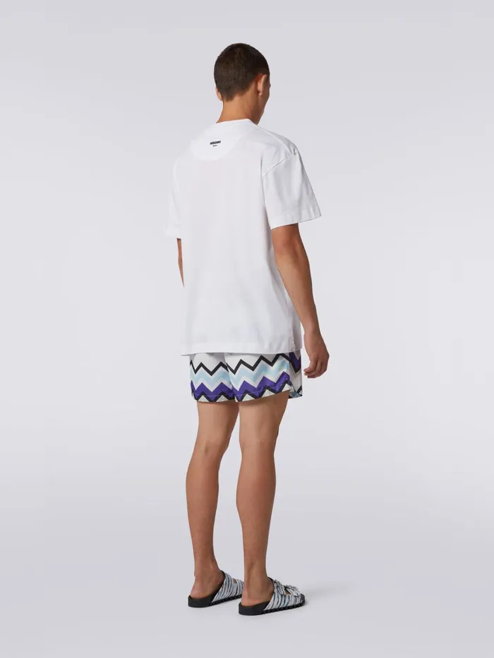 Men Zigzag Cotton Jersey CrewNeck TShirt White Black and Blue Missoni Polos and Tshirts