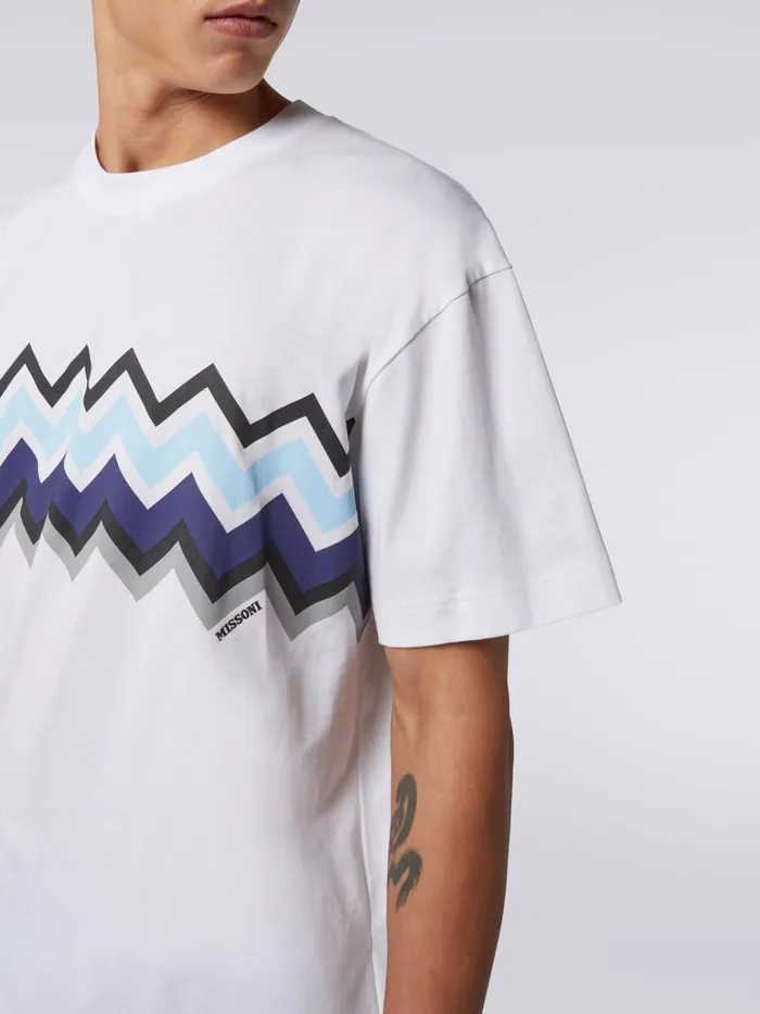 Men Zigzag Cotton Jersey CrewNeck TShirt White Black and Blue Missoni Polos and Tshirts