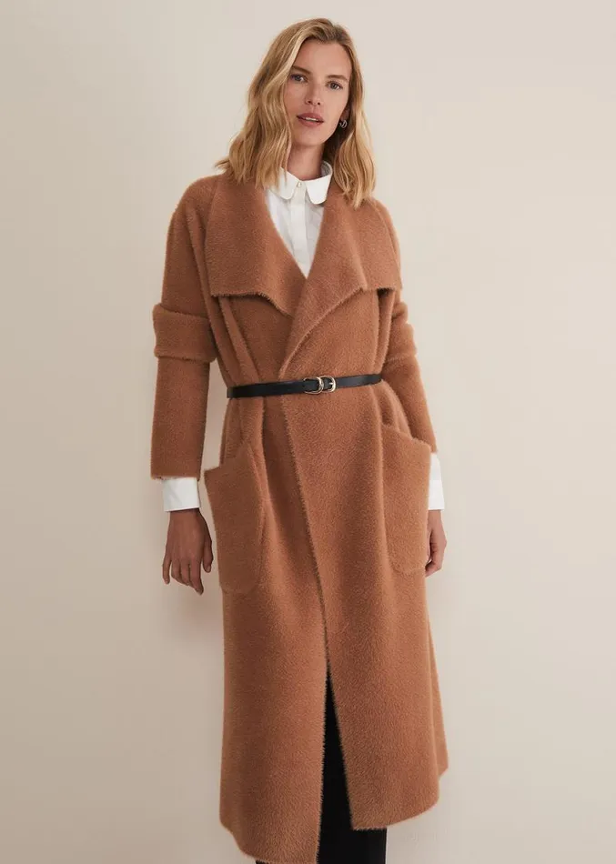 Natasha Waterfall Fluffy Belted Coat Camel Women Phase Eight Coats
