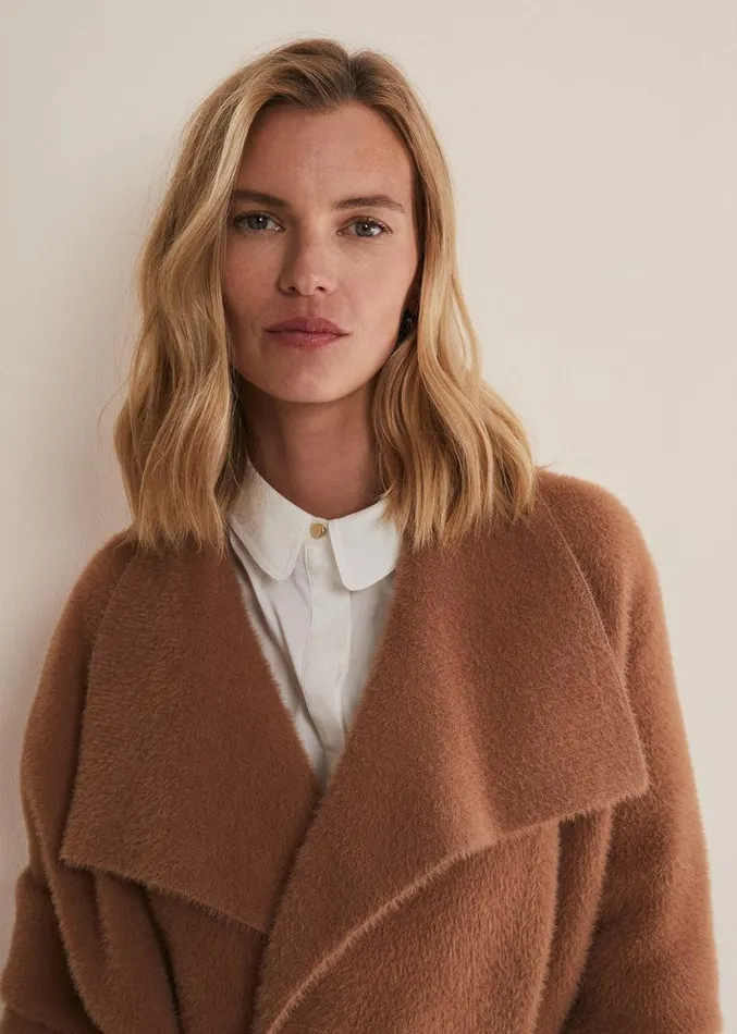 Natasha Waterfall Fluffy Belted Coat Camel Women Phase Eight Coats