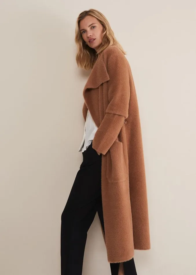 Natasha Waterfall Fluffy Belted Coat Camel Women Phase Eight Coats