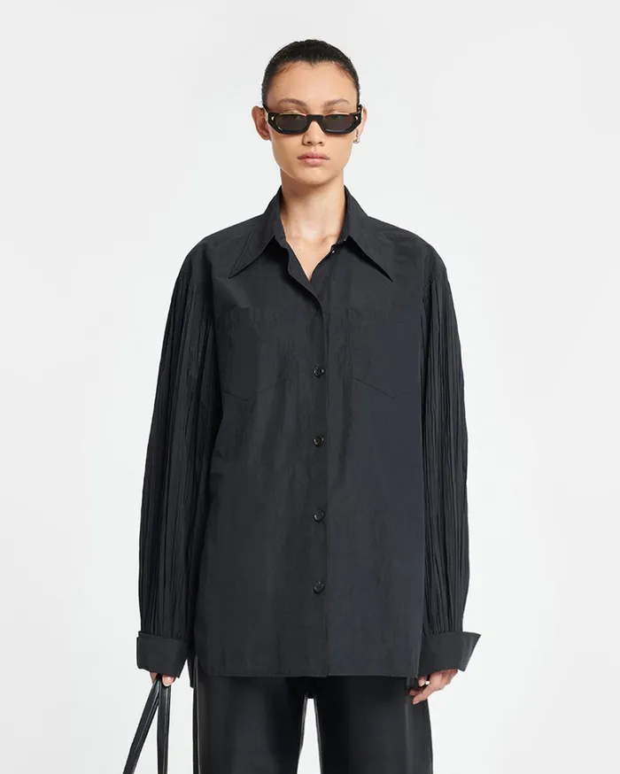 Nele Pleated Poplin Shirt Black Women Nanushka Tops