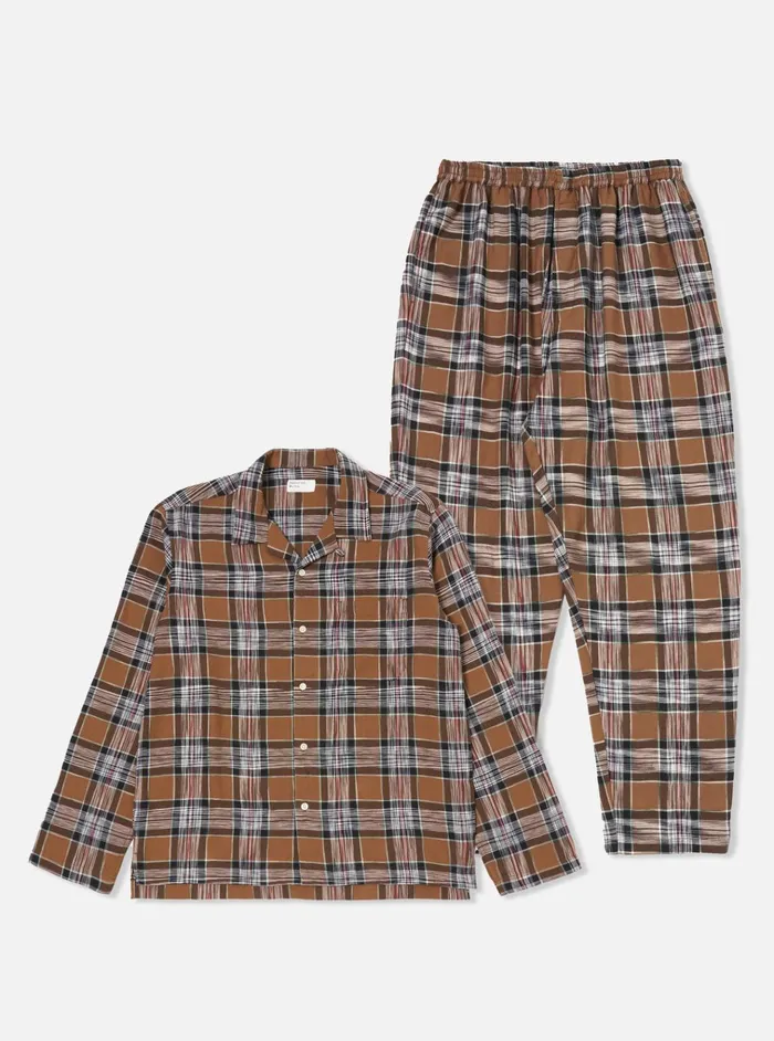Nightwear Men Universal Works Universal Works Long Pyjama Set In Brown Ikat Twill Check