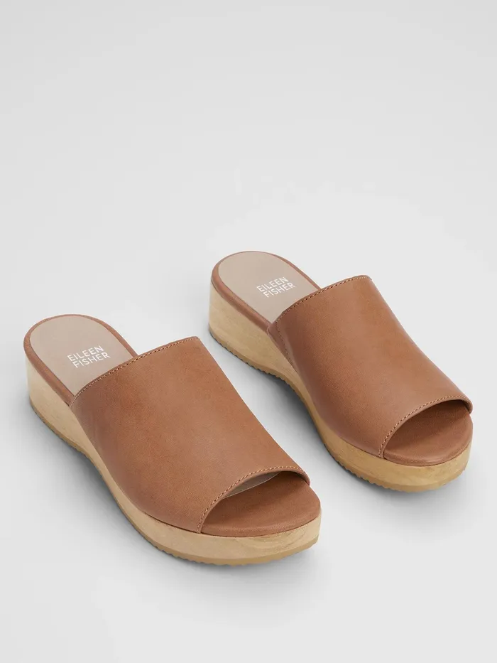 Novel Tumbled Leather Wedge Sandal Cognac Women Eileen Fisher Shoes