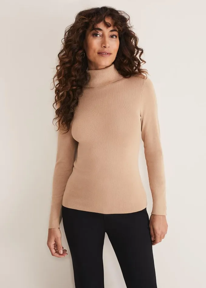 Ottilie Button Detail Roll Neck Knit Camel Women Phase Eight Knitwear