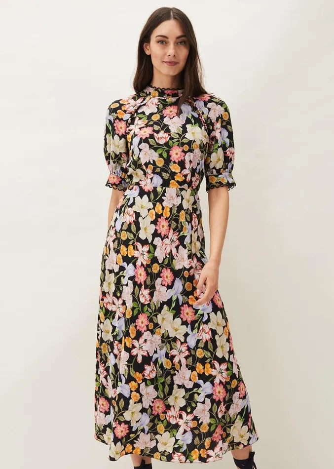 Penelope Floral Puff Sleeve Midi Dress Blackmulti Women Phase Eight Dresses