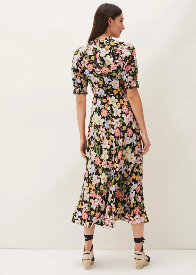 Penelope Floral Puff Sleeve Midi Dress Blackmulti Women Phase Eight Dresses