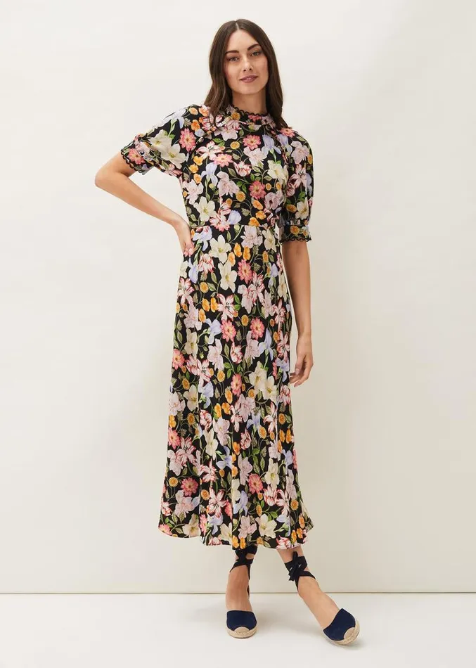 Penelope Floral Puff Sleeve Midi Dress Blackmulti Women Phase Eight Dresses