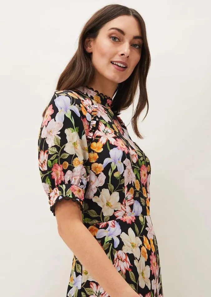 Penelope Floral Puff Sleeve Midi Dress Blackmulti Women Phase Eight Dresses