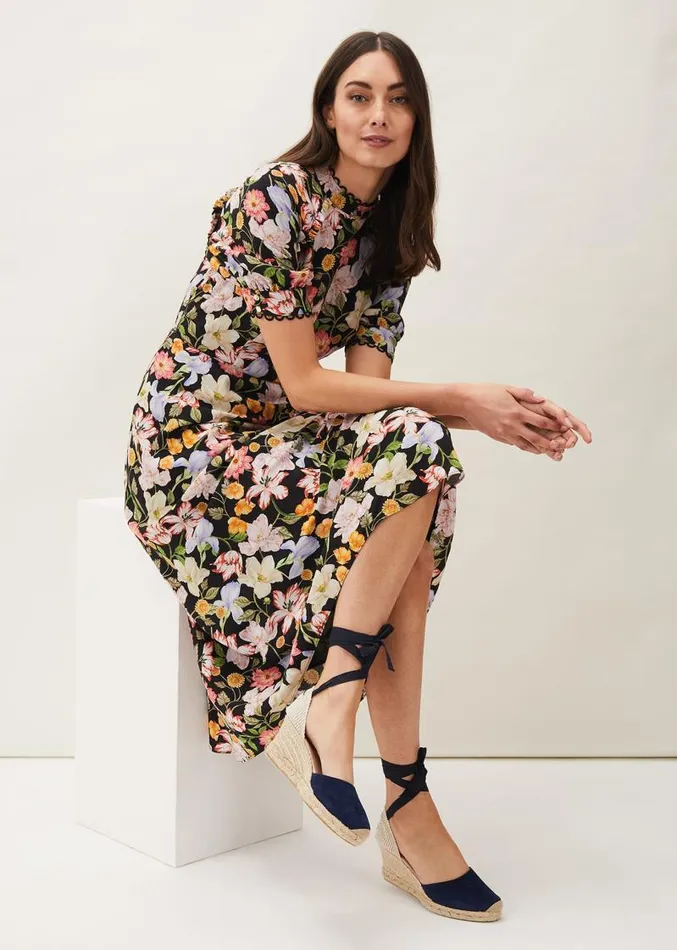 Penelope Floral Puff Sleeve Midi Dress Blackmulti Women Phase Eight Dresses