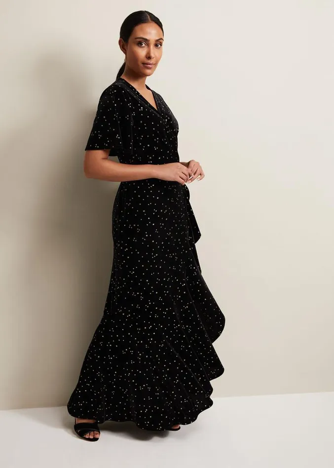 Petite Holly Velvet Star Wrap Maxi Dress Black Women Phase Eight Dresses