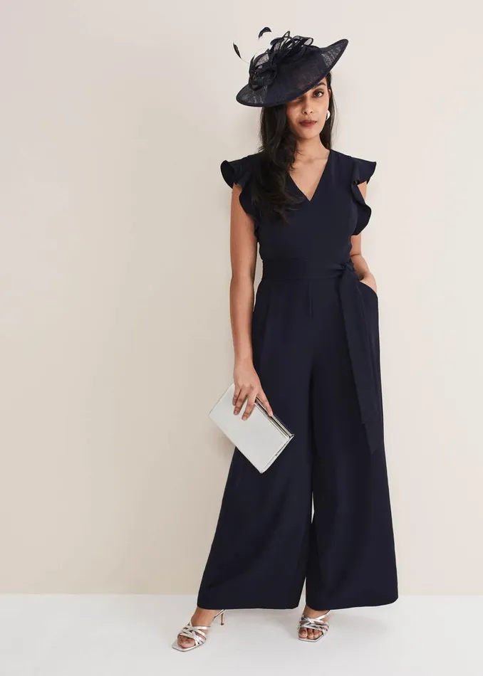 Petite Kallie V Neck Frill Jumpsuit Navy Women Phase Eight Dresses