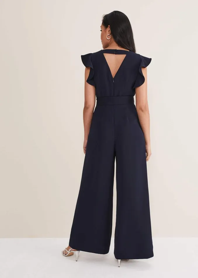 Petite Kallie V Neck Frill Jumpsuit Navy Women Phase Eight Dresses