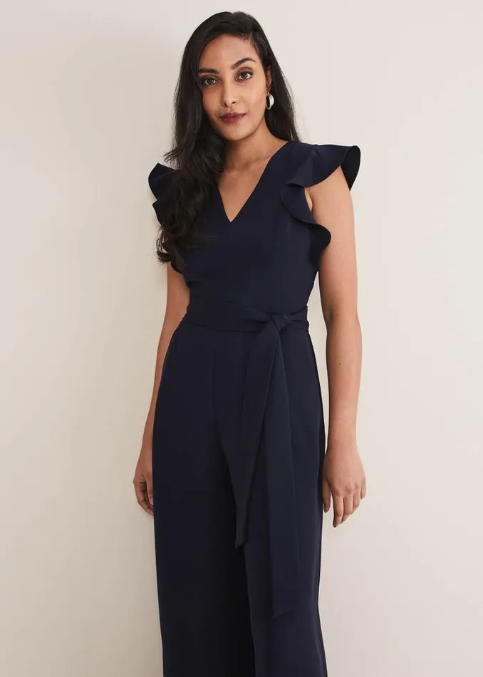Petite Kallie V Neck Frill Jumpsuit Navy Women Phase Eight Dresses