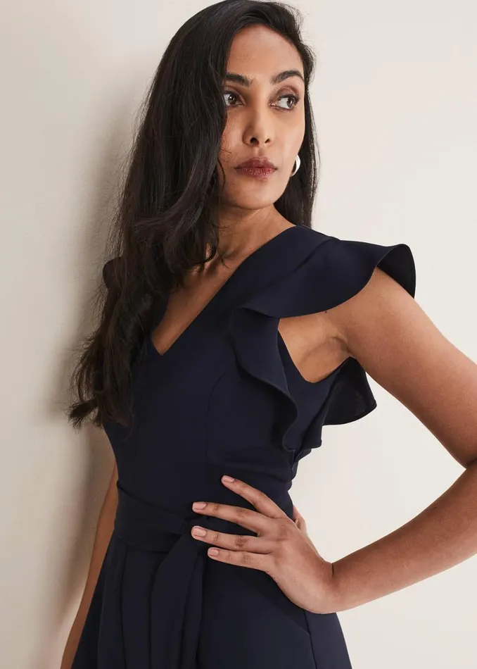 Petite Kallie V Neck Frill Jumpsuit Navy Women Phase Eight Dresses