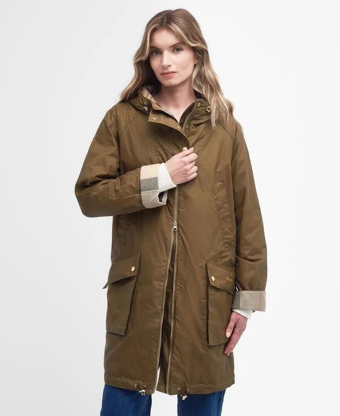 Portmore Waxed Parka Jacket Dark Olive Women Barbour Waxed Jackets