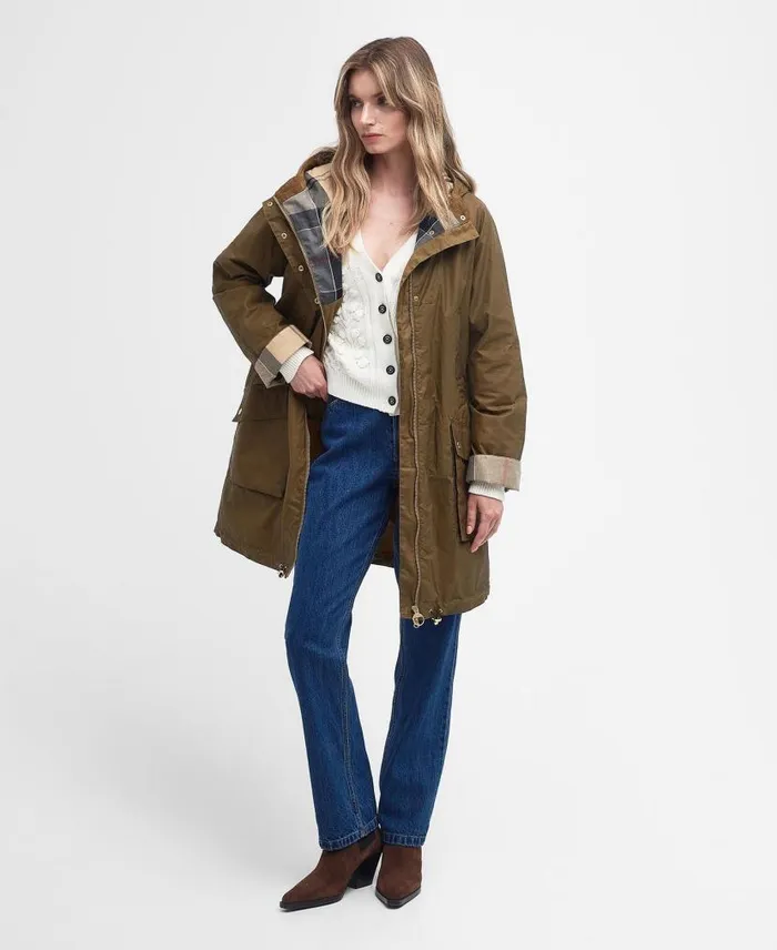Portmore Waxed Parka Jacket Dark Olive Women Barbour Waxed Jackets