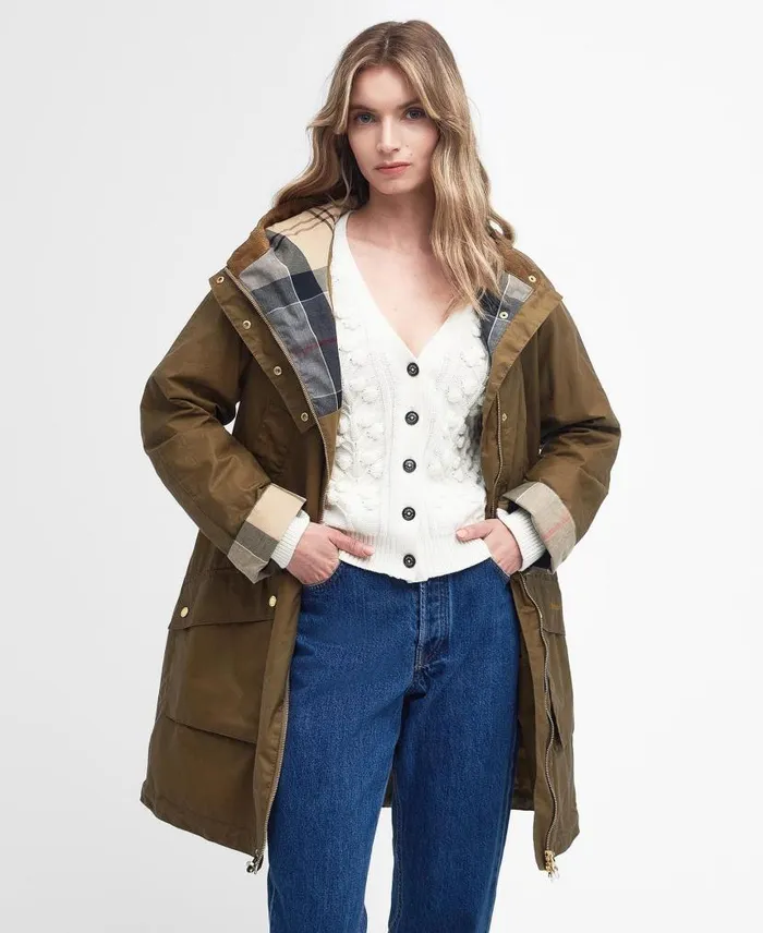 Portmore Waxed Parka Jacket Dark Olive Women Barbour Waxed Jackets