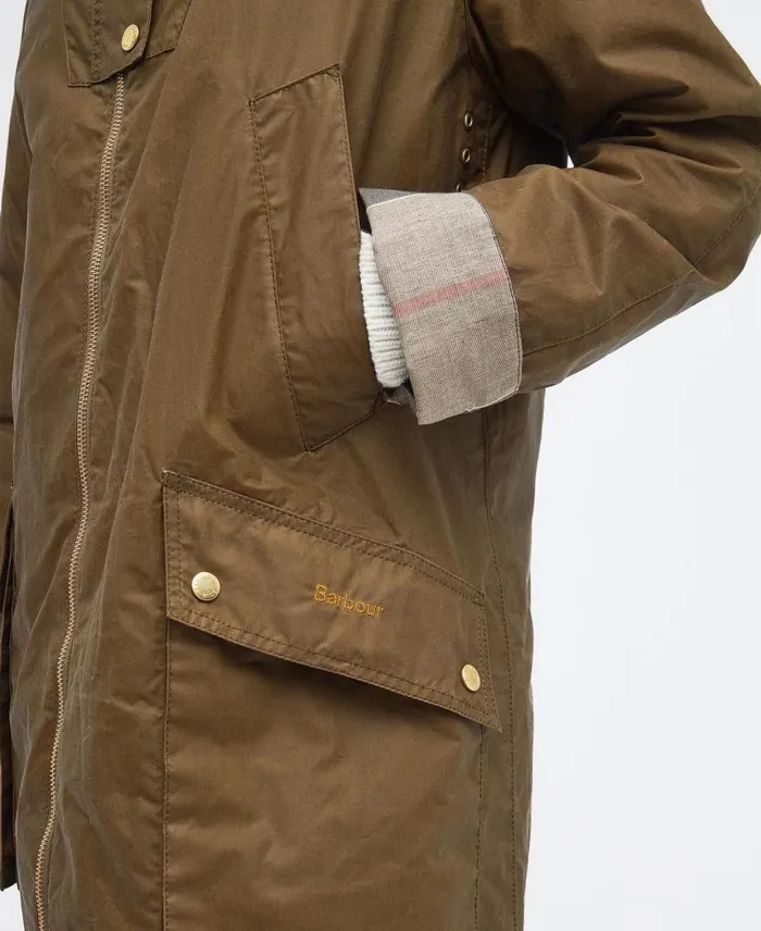 Portmore Waxed Parka Jacket Dark Olive Women Barbour Waxed Jackets