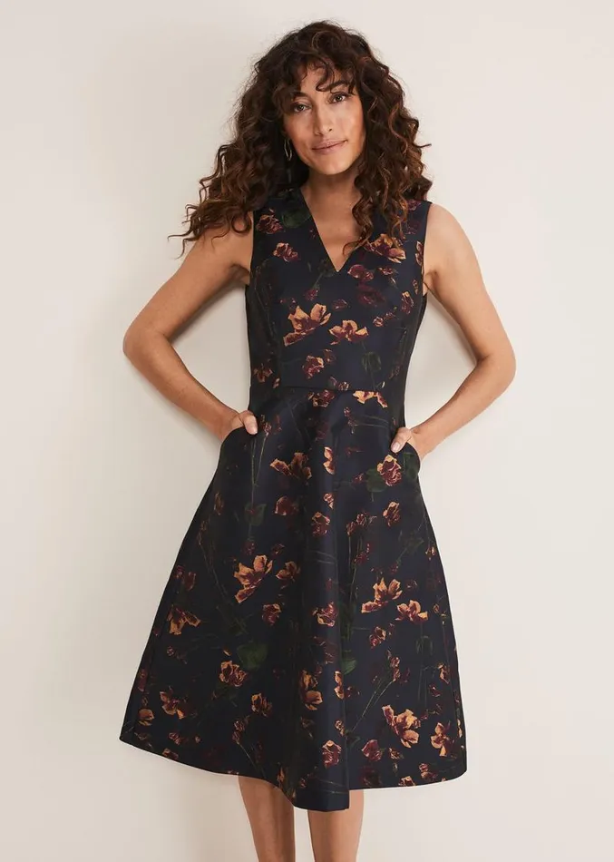 Savannah Jacquard Floral Fit And Flare Dress Navymulti Women Phase Eight Dresses
