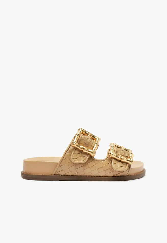 Schutz Shoes Flats Women Enola Sporty Woven Leather Sandal Light Beige